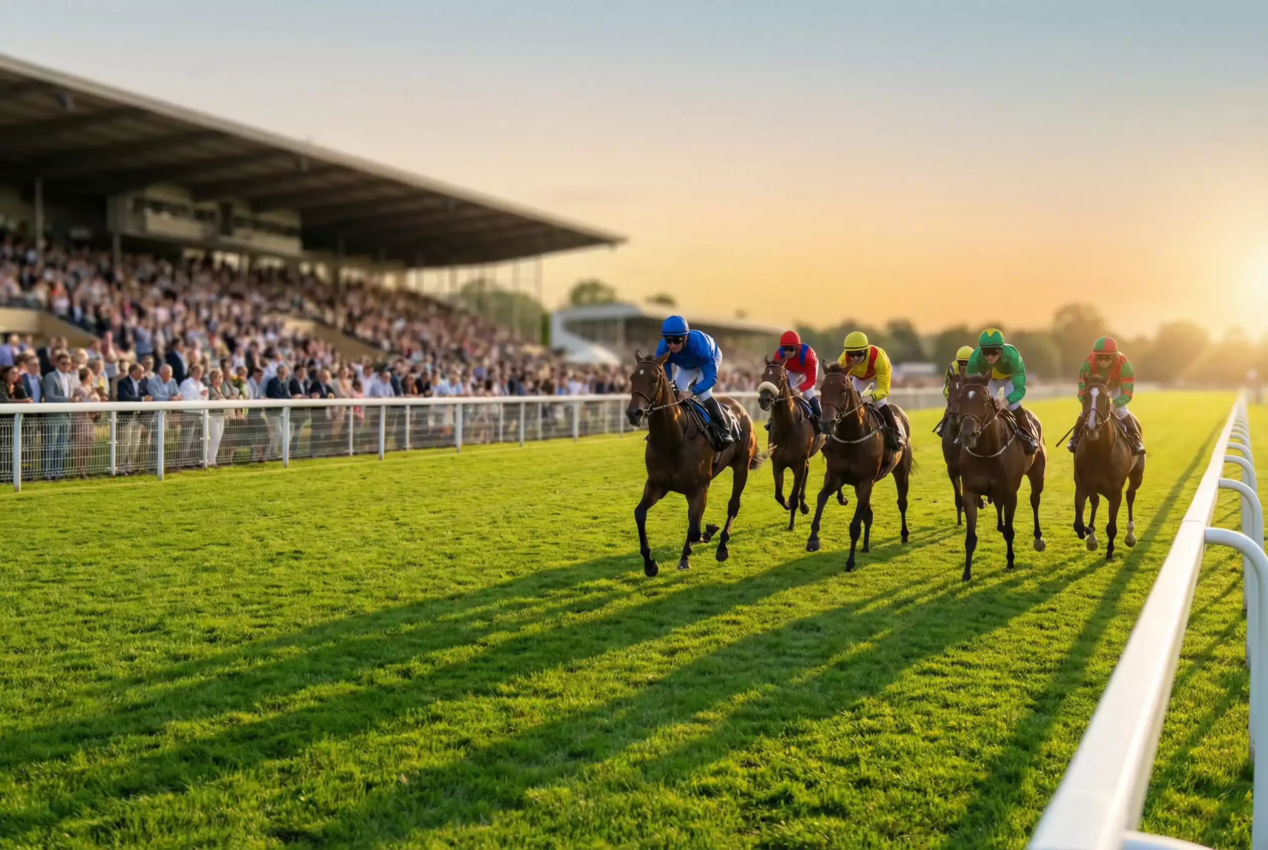 Galopprennen auf einer deutschen Rennbahn bei Sonnenuntergang mit Zuschauern an der Zielgeraden