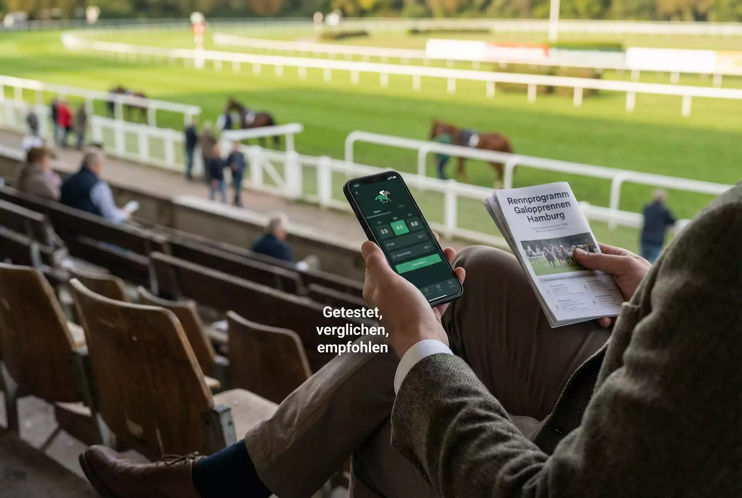 Pferdewetten Anbieter Vergleich – Smartphone mit Wettangebot vor Rennbahn