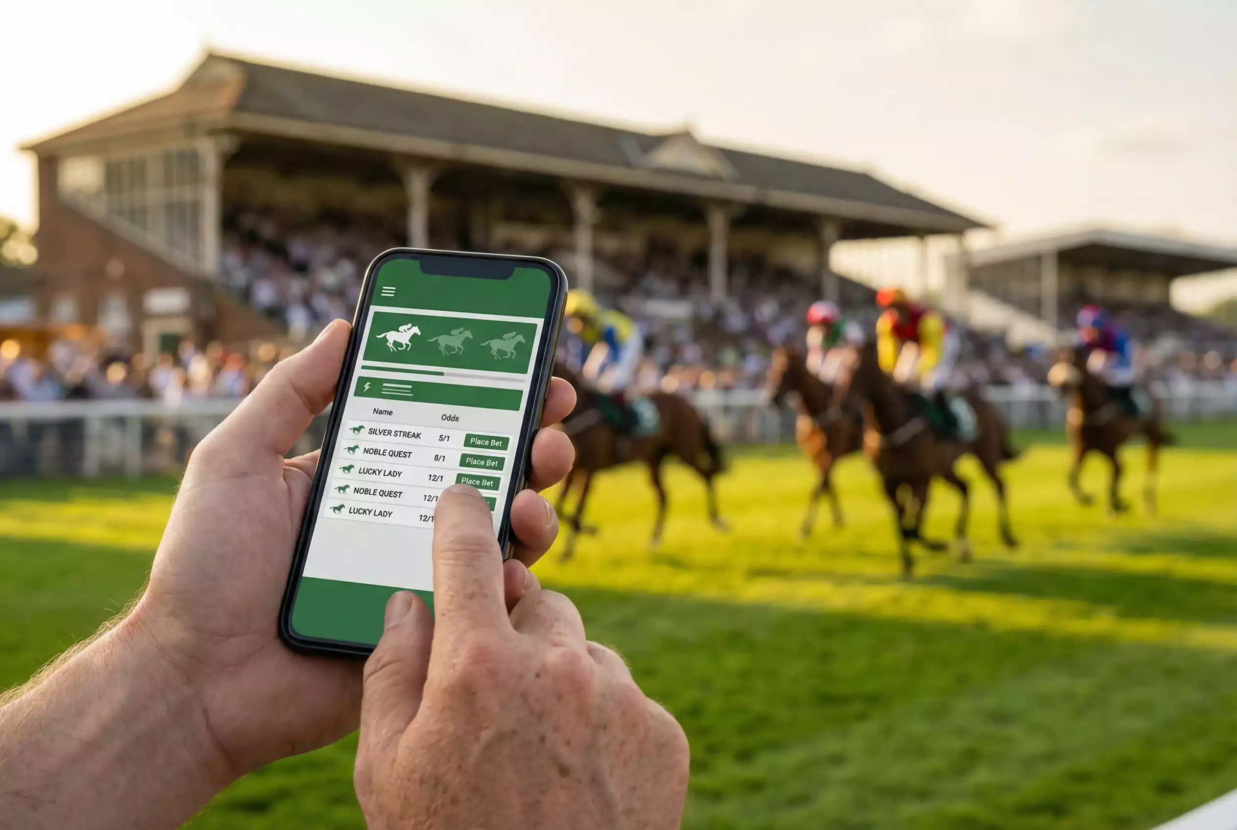 Pferdewetten App – Hand hält Smartphone mit Wett-App vor einer Rennbahn