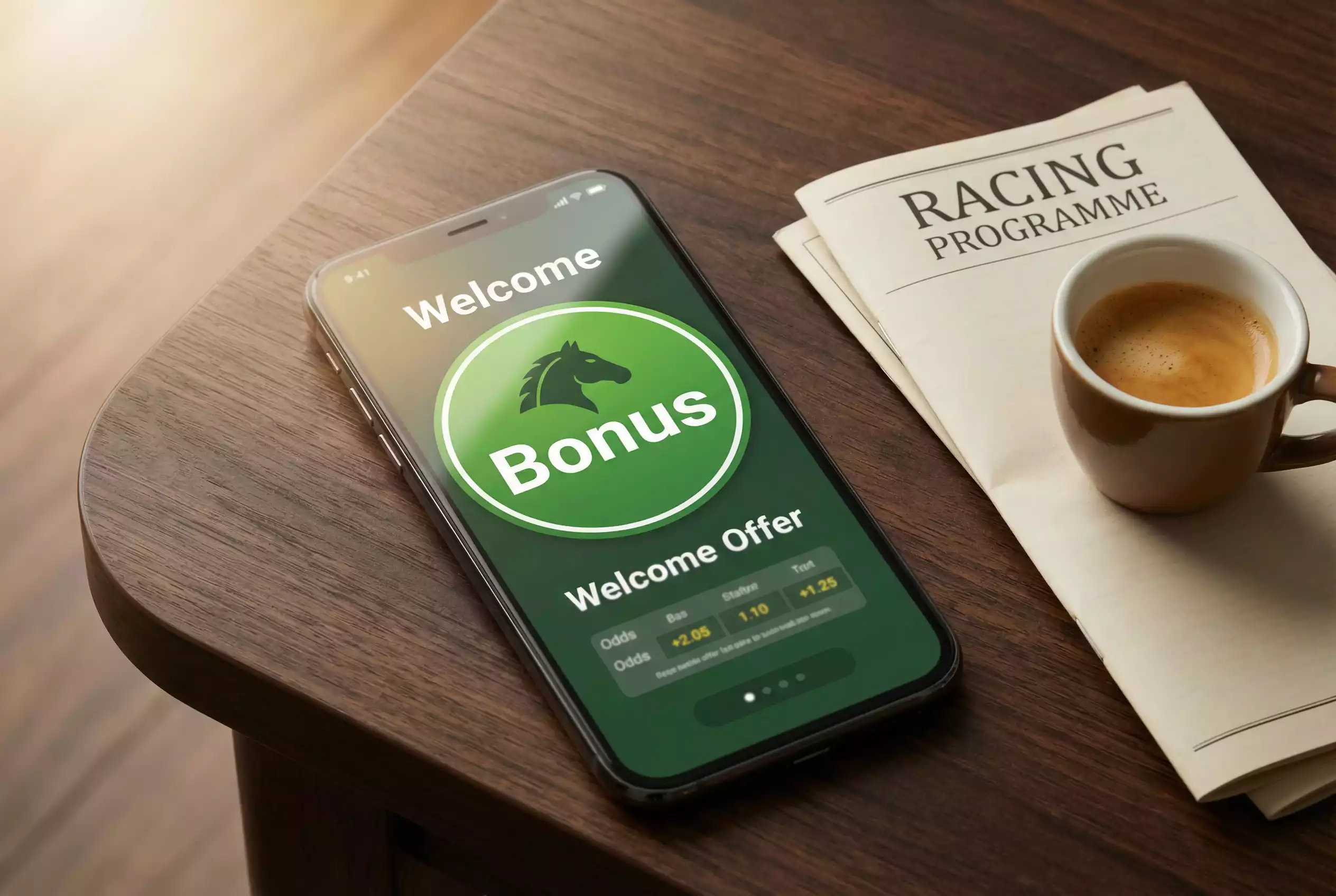Pferdewetten Bonus – Smartphone mit Wett-App und Willkommensangebot neben Rennprogramm