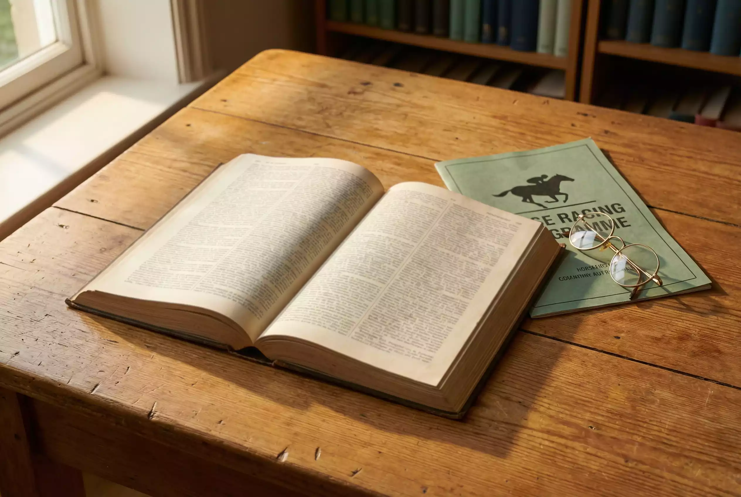 Pferdewetten Glossar – Aufgeschlagenes Buch neben einem Rennprogramm auf einem Holztisch