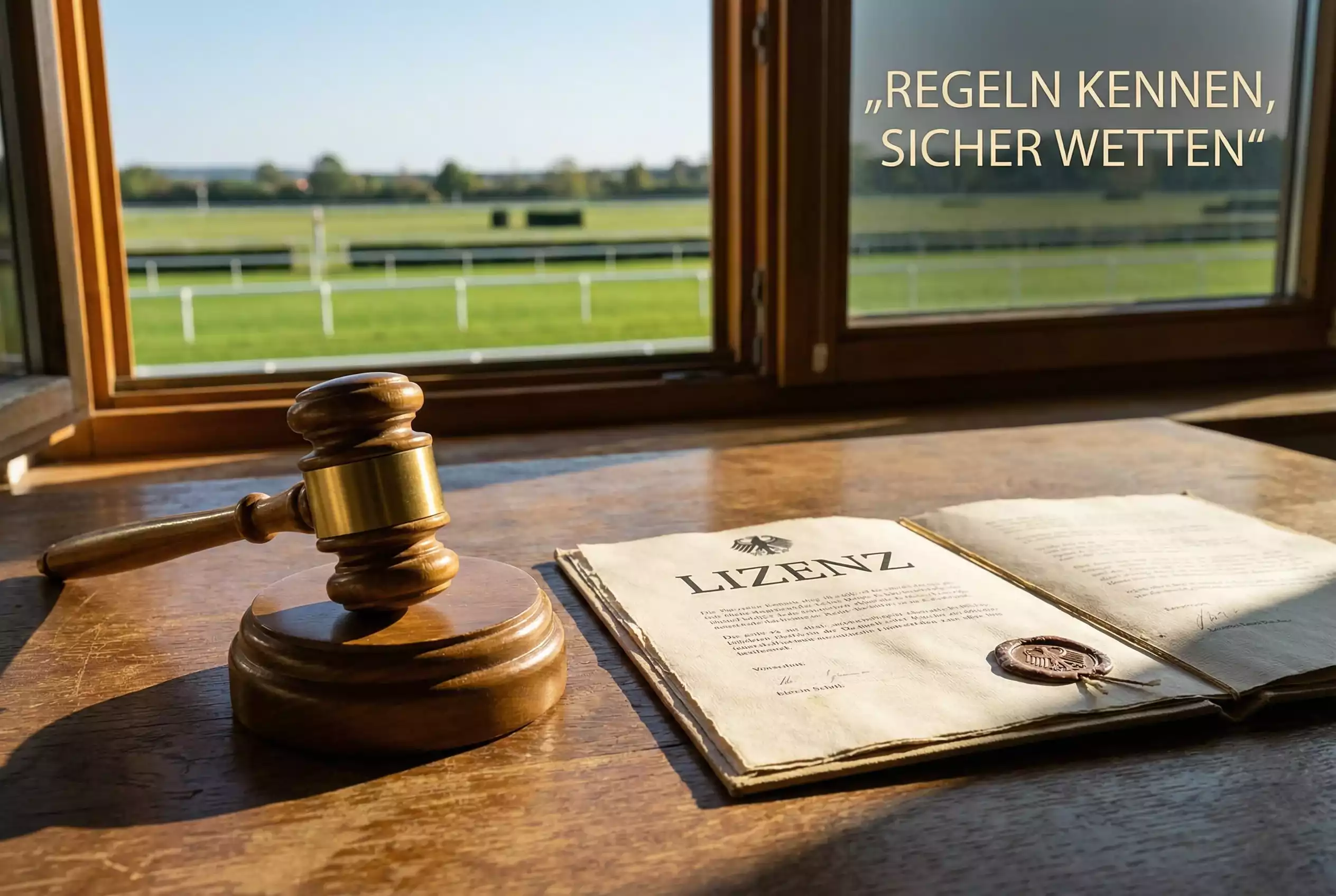 Pferdewetten legal in Deutschland – Richterhammer und Rennbahn-Silhouette