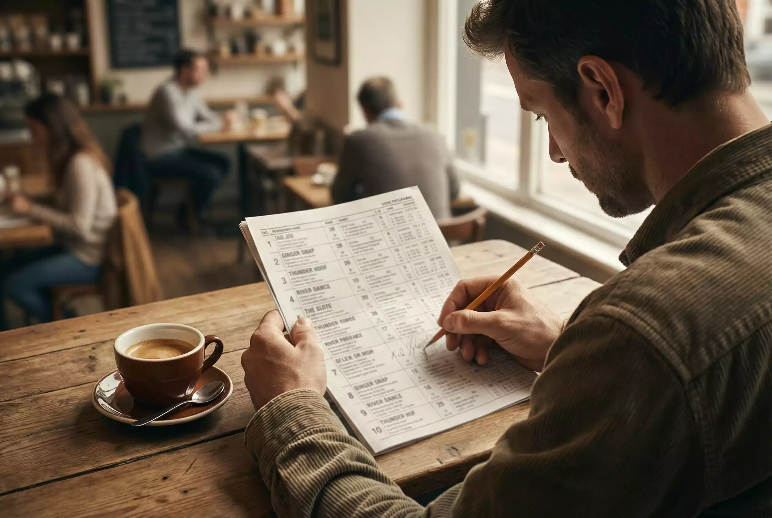 Pferdewetten Quoten berechnen – Mann studiert Rennprogramm mit Quotenübersicht