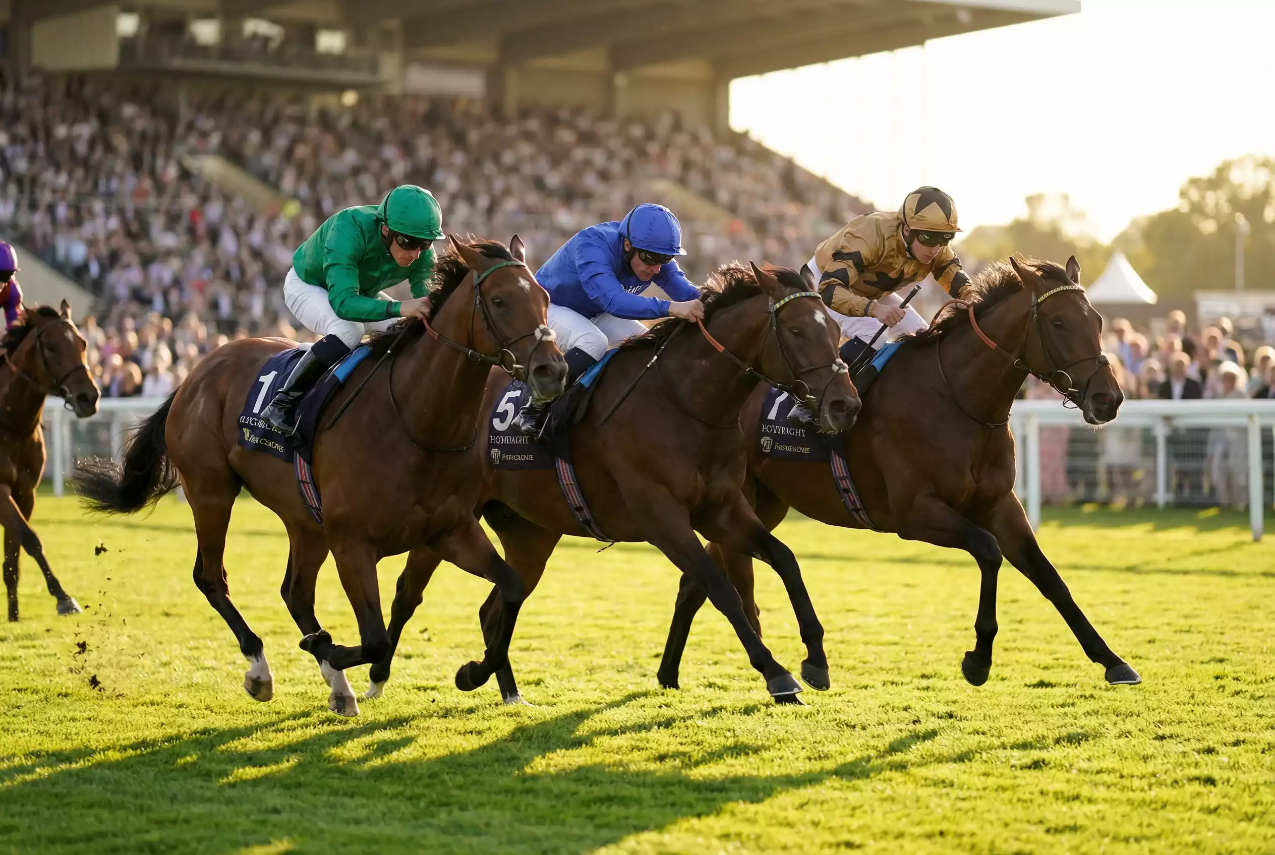 Platzwette Pferde – Drei Rennpferde dicht beieinander auf der Zielgeraden