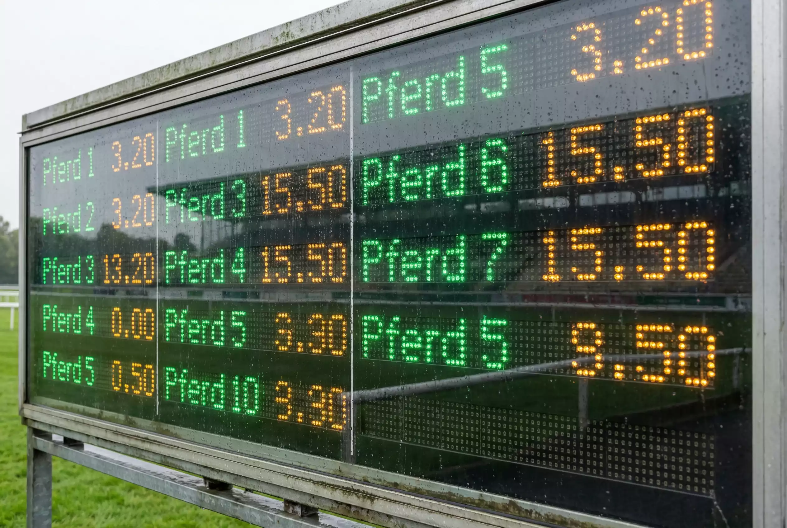 Quotenschlüssel Pferdewetten – Nahaufnahme einer Quotentafel auf der Galopprennbahn
