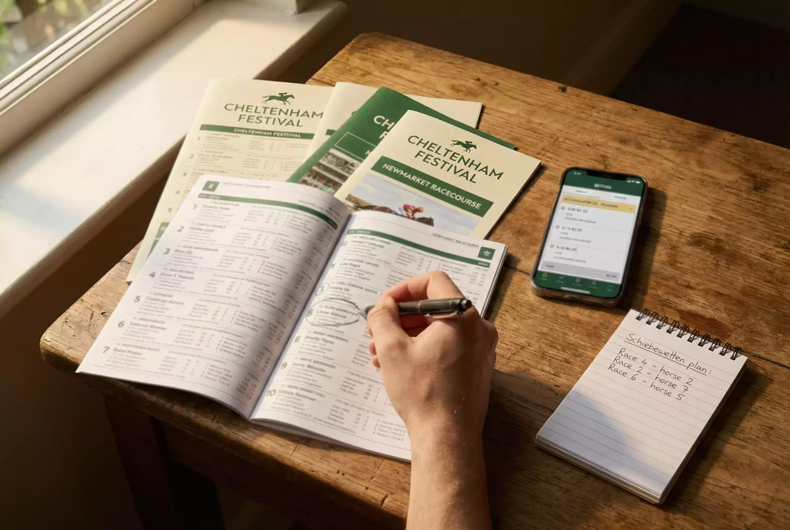 Schiebewette Pferderennen – Mehrere Wettscheine und Rennprogramme auf einem Tisch